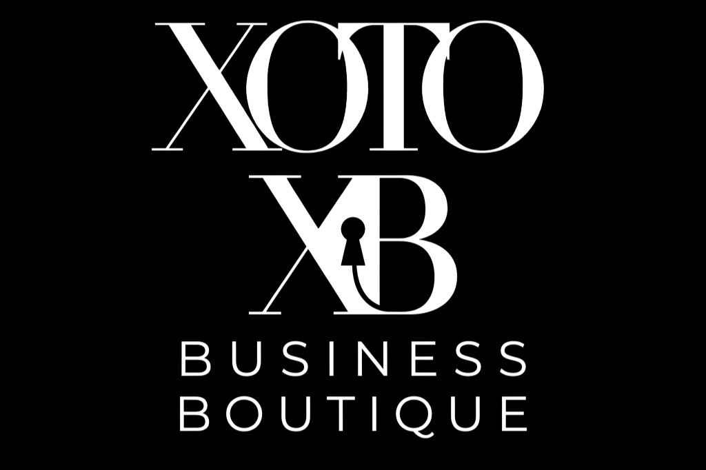Logo for XO XO Business Boutique featuring stylized initials XO with a keyhole and smiley face, black background, white text.
