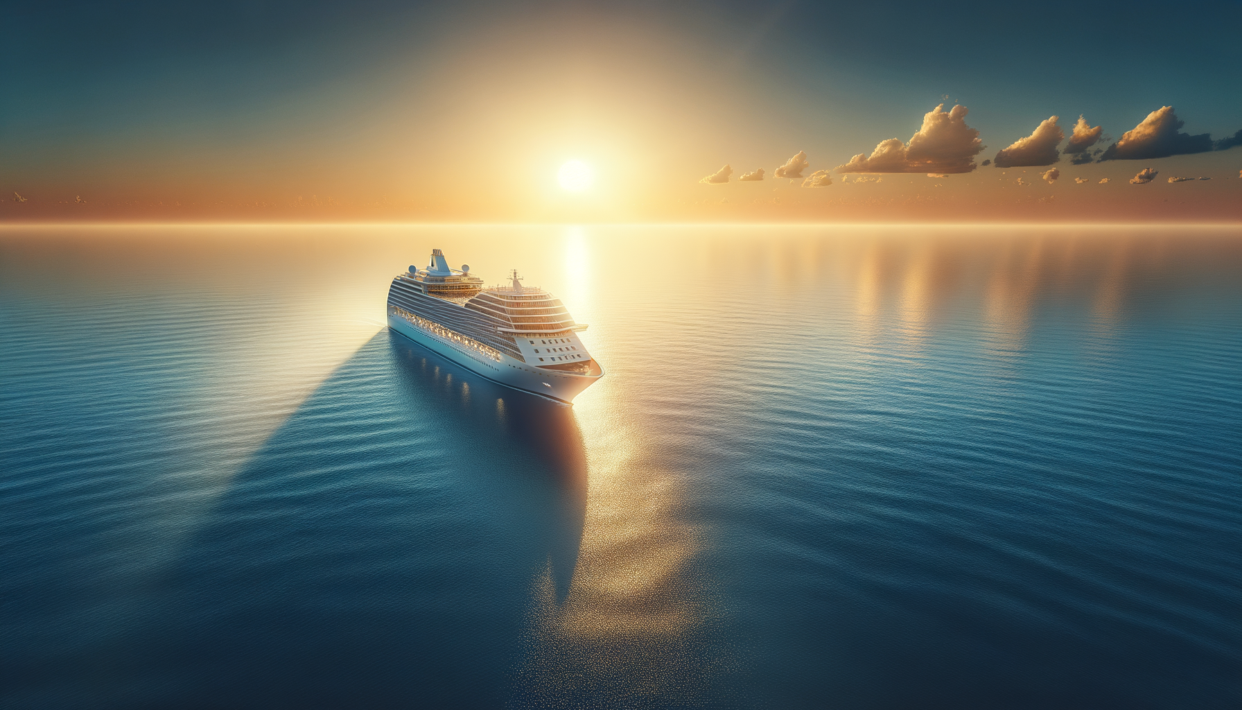 A cruise ship sailing on calm ocean waters during sunset with a clear sky and a few clouds.
