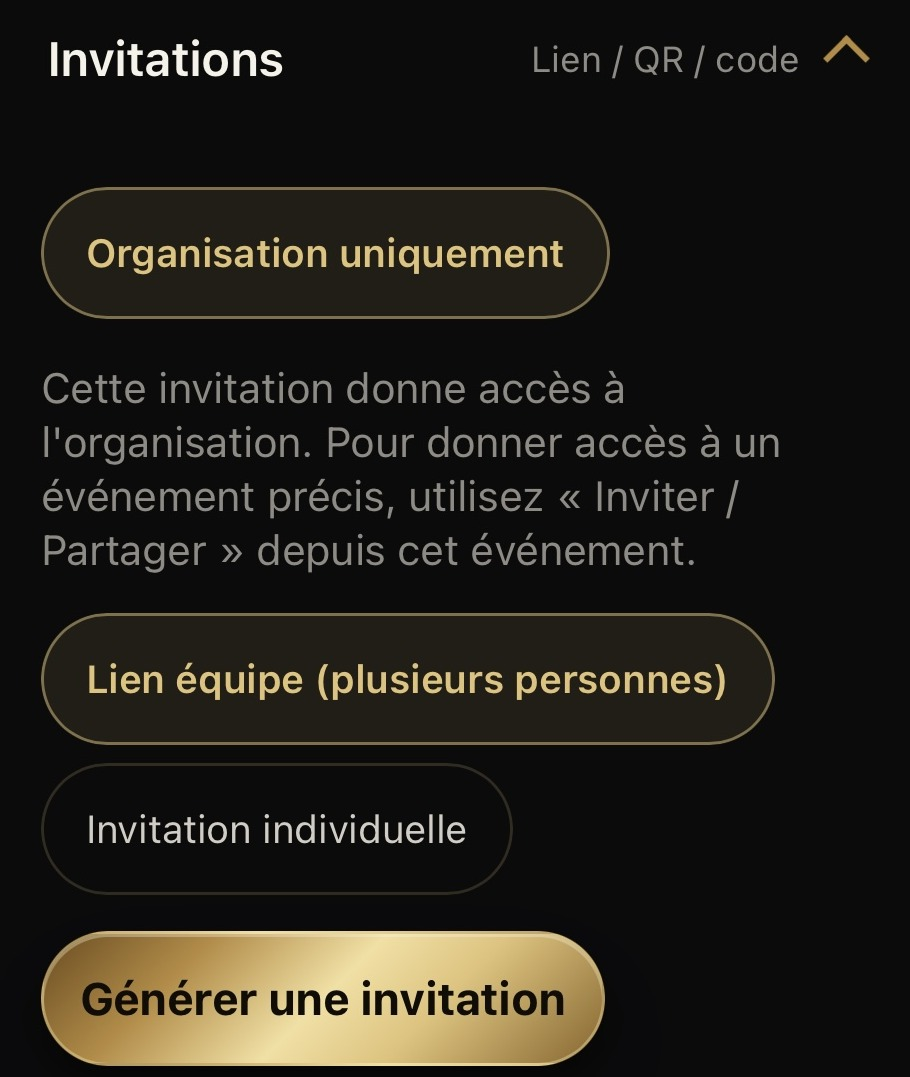 Capture d'écran d'une application ou d'un site web en français montrant des options pour générer une invitation, avec des choix pour l'organisation uniquement, le lien d'équipe, l'invitation individuelle, et un bouton pour générer une invitation.