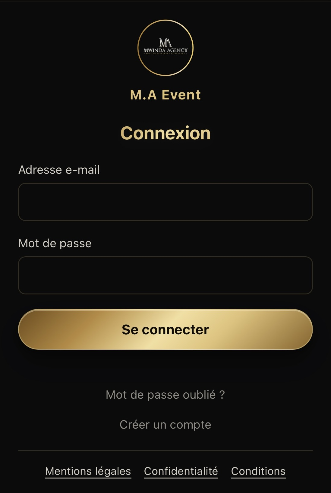 Page de connexion pour un événement M.A Agency avec un logo en haut, un bouton 'Se connecter', et des liens pour 'Mot de passe oublié ?', 'Créer un compte', 'Mentions légales', 'Confidentialité' et 'Conditions'.