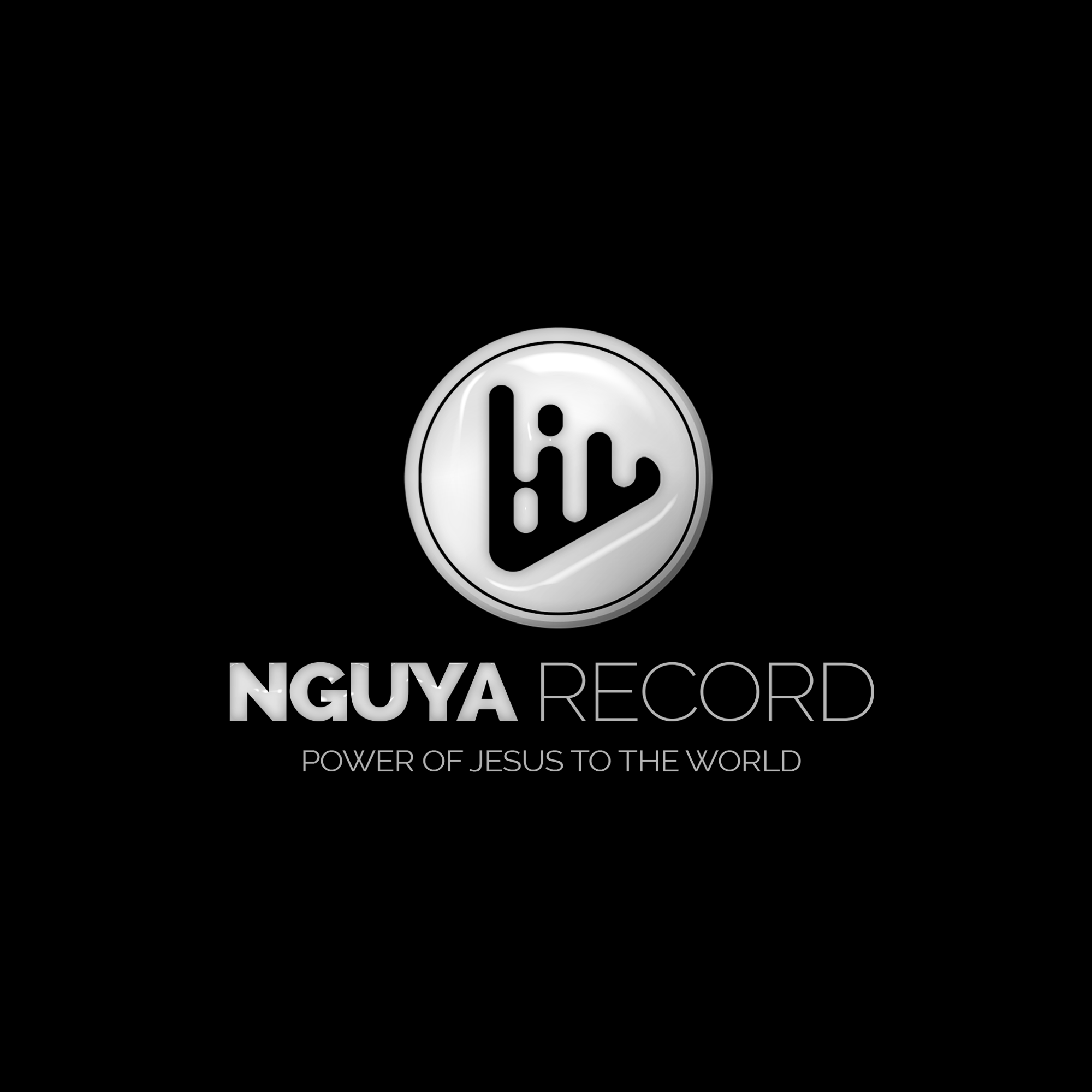 Logo en noir et blanc avec un symbole rond contenant les lettres 'hi' stylisées, suivi du texte 'NGUY A RECORD' et la phrase 'Power of Jesus to the world' en dessous.