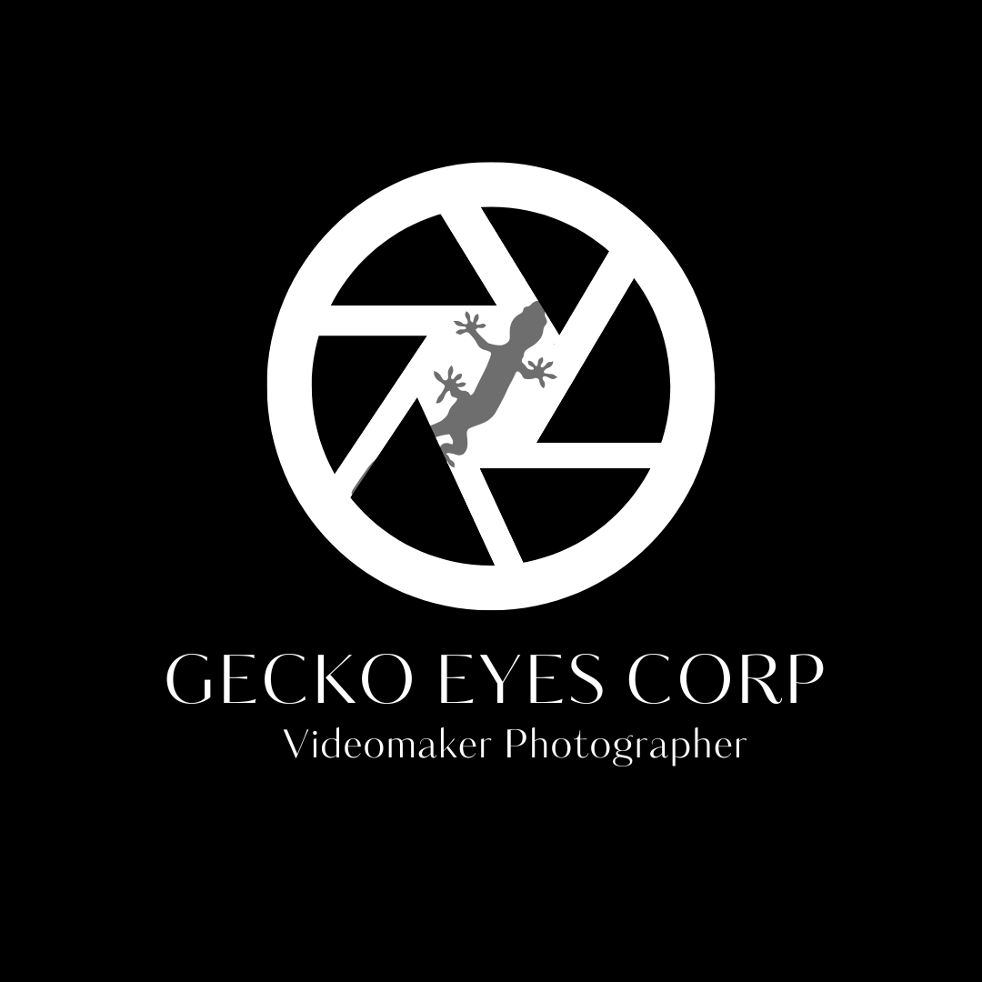 Logo noir et blanc avec un caméléon gris au centre d'un symbole de caméra, accompagné du texte 'GECKO EYES CORP Videomaker Photographer'.