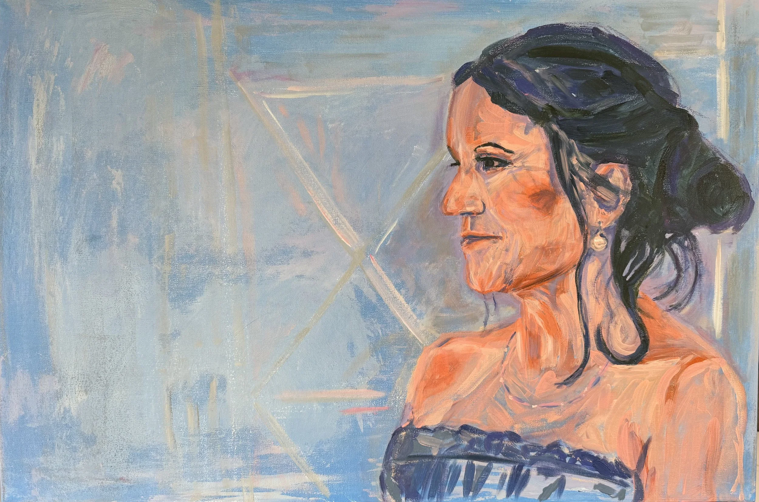 Quiet Resolve, acrylic portrait painting by Gina Payne showing a woman in profile against a textured background, 2026