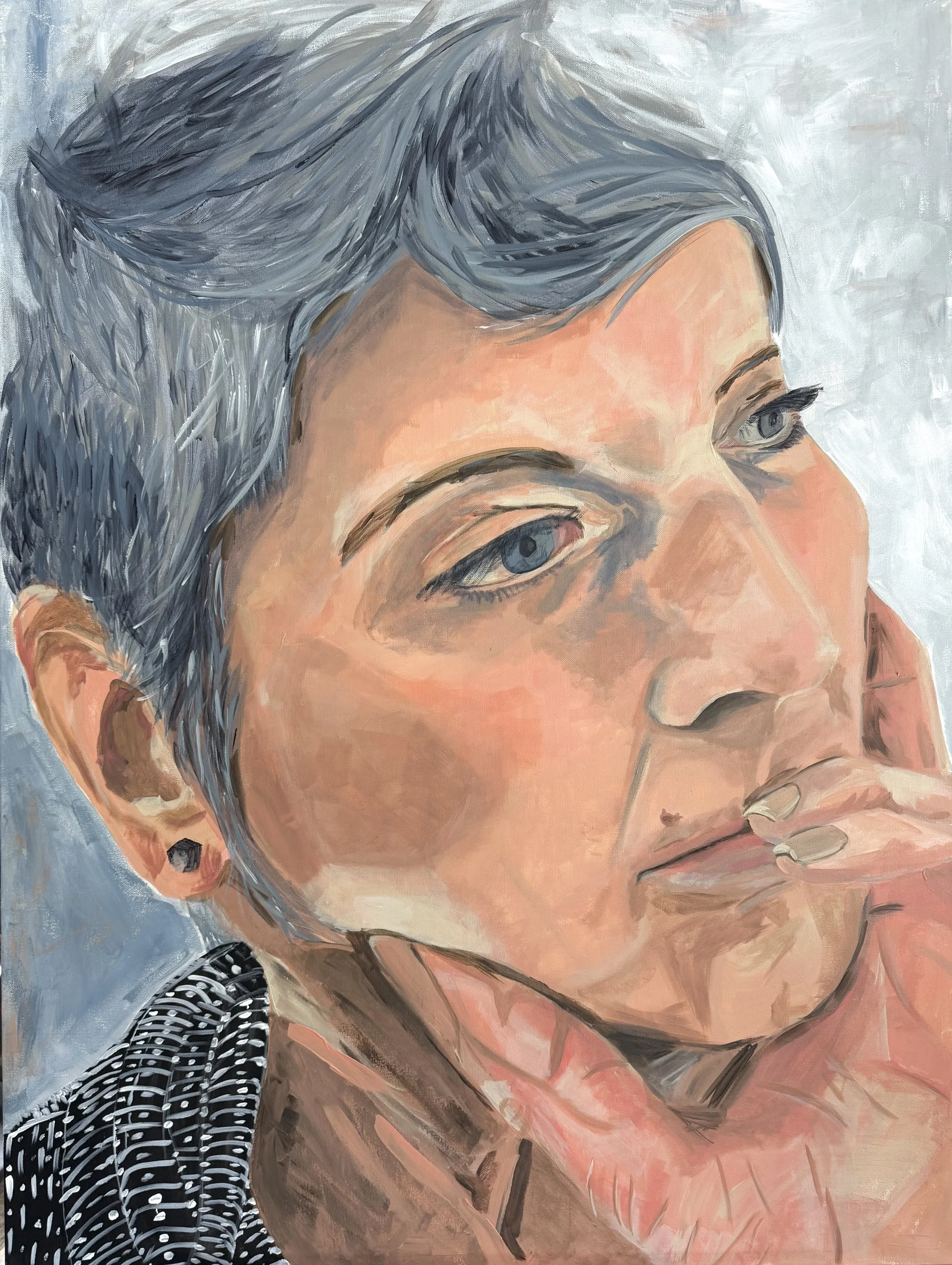 Self-portrait painting by Gina Payne showing the artist seated with arm resting beside her, acrylic on canvas