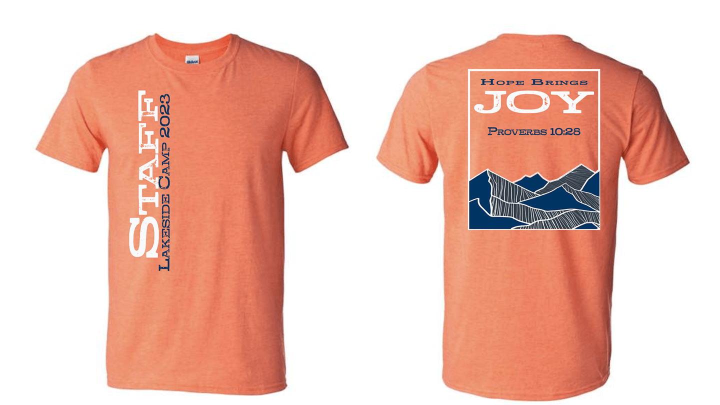 Custom t-shirt design for Lakeside Camp 2023 staff — front shows vertical 'STAFF Lakeside Camp 2023' text in white on coral shirt. Back features 'Hope Brings JOY' with Proverbs 10:28 and blue mountain graphic. Designed by Heather at Genuine Midwest C
