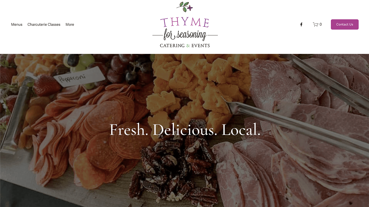 Charcuterie board with meats, cheeses, fruits—signs up, event-ready. Heather's portfolio screenshot.