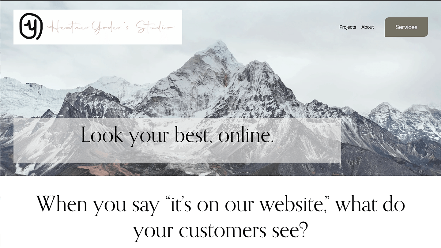 Vivid overcast mountains in grays blues pinks—Heather Yoder Studio home with online presence text. Heather's portfolio grab.