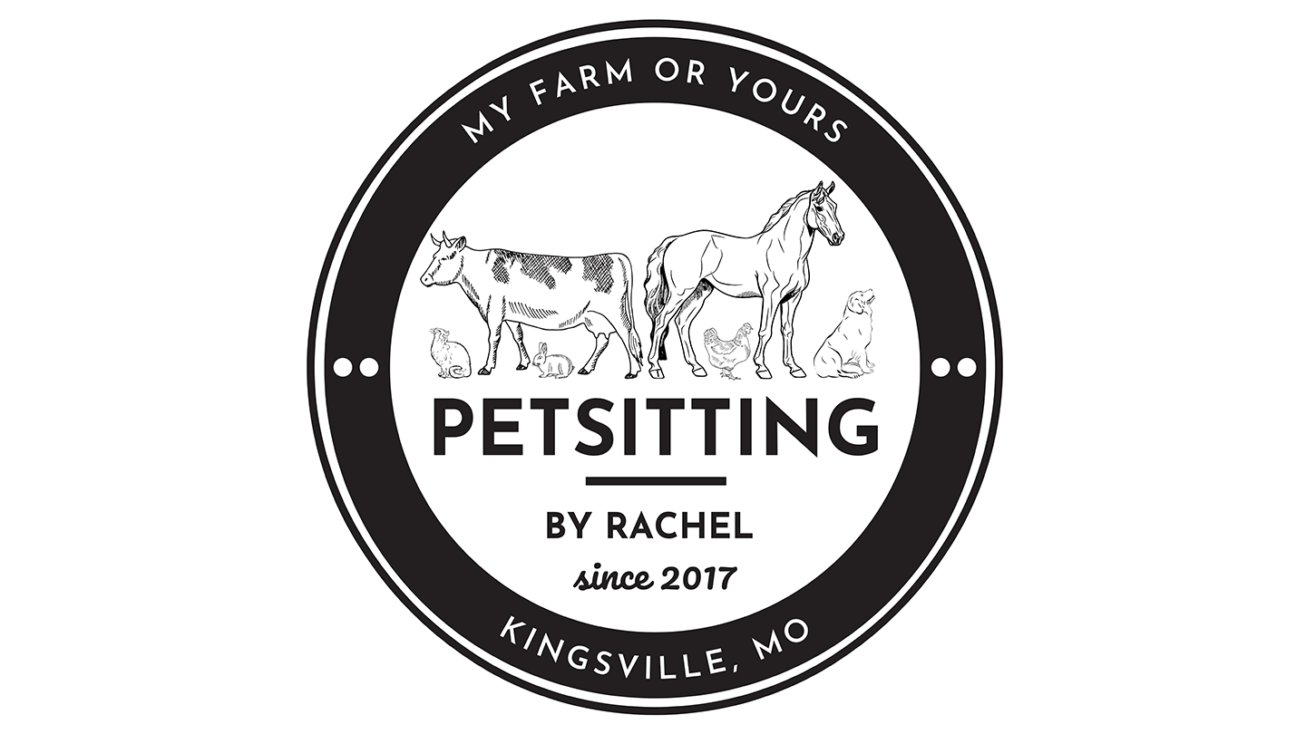 Custom circular logo for Pet Sitting by Rachel — black and white illustration with cow, horse, cat, rabbit, chicken, and dog. Text reads 'My Farm or Yours', 'Pet Sitting by Rachel since 2017', and 'Kingsville, MO'. Designed by Heather at Genuine Midw