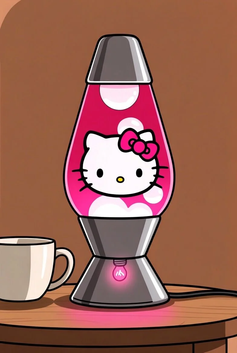 Hello Kitty lava lamp on a wooden table next to a coffee mug — fun, playful illustration referencing the Canadian feud over a Hello Kitty lava lamp mentioned in Heather's story. Thank You Bonus page image by Genuine Midwest Consulting.