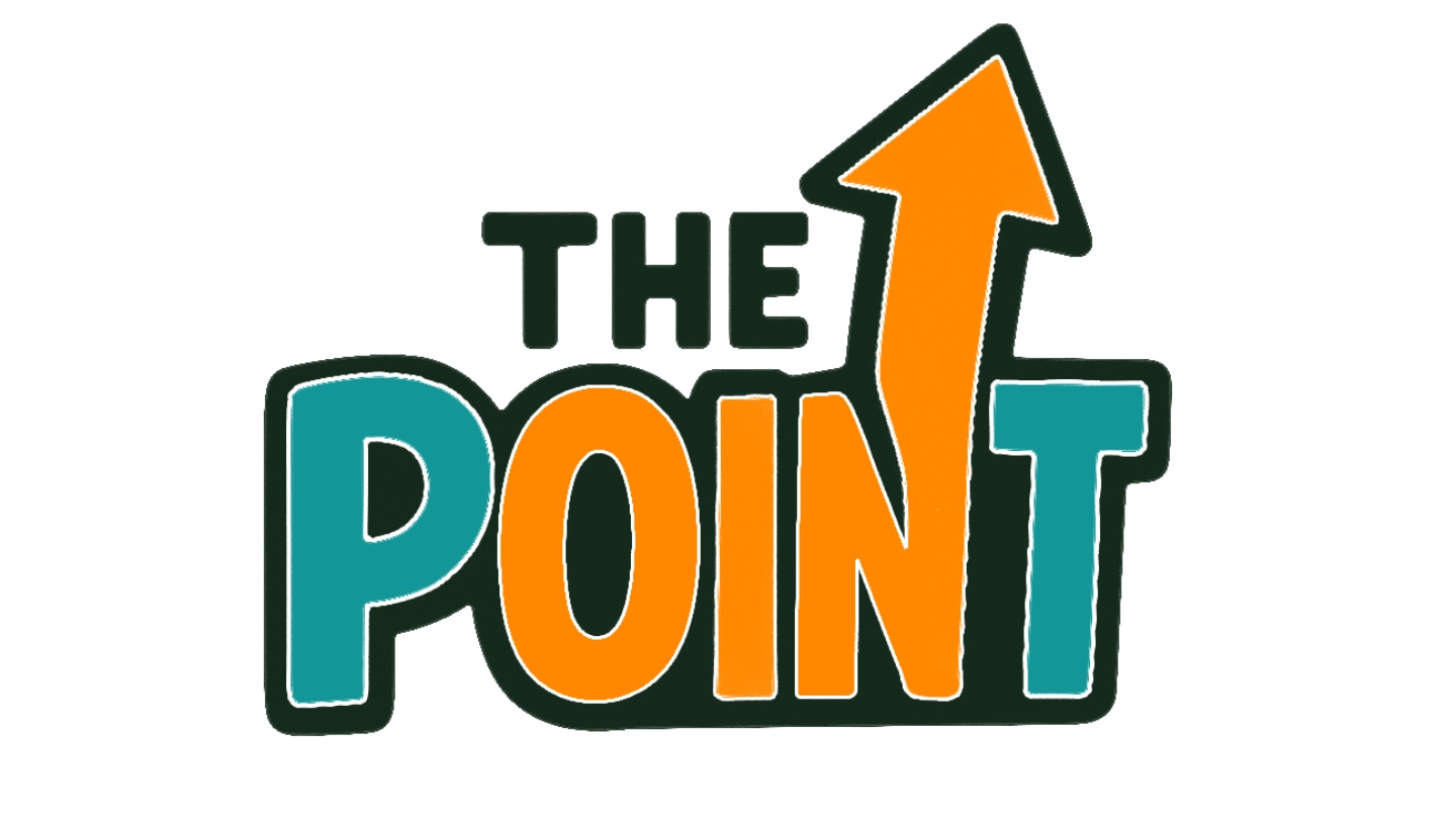 Custom logo for The Point youth group — bold 'THE POINT' text with a large orange arrow pointing up. Teal and orange colors on black outline. Fun, energetic design for a local church youth group by Heather at Genuine Midwest Consulting.