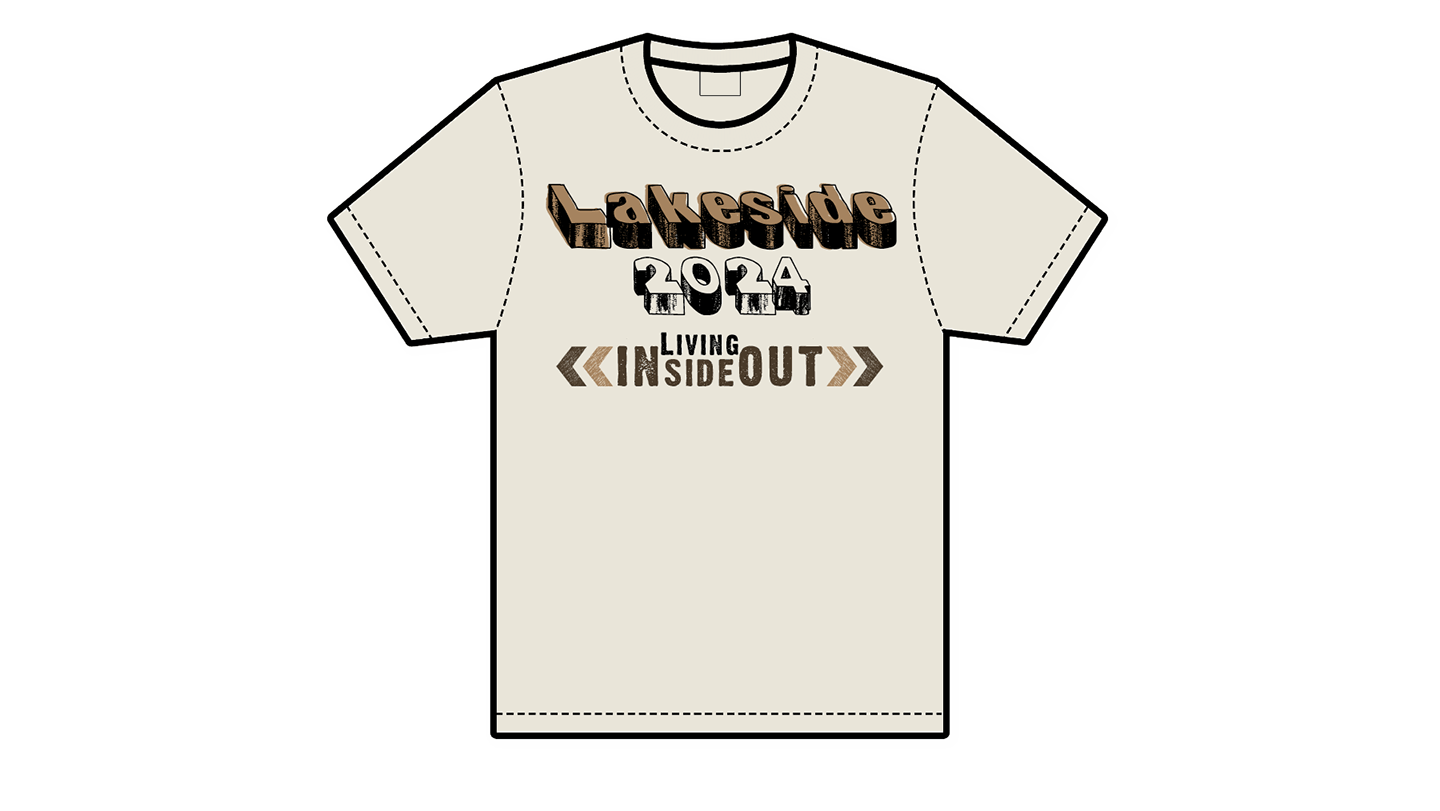 Custom t-shirt design for Lakeside Camp 2024 staff — front features 'Lakeside 2024' in bold distressed lettering with 'Living Inside Out' slogan below. Clean camp-style graphic on beige shirt. Designed by Heather at Genuine Midwest Consulting.