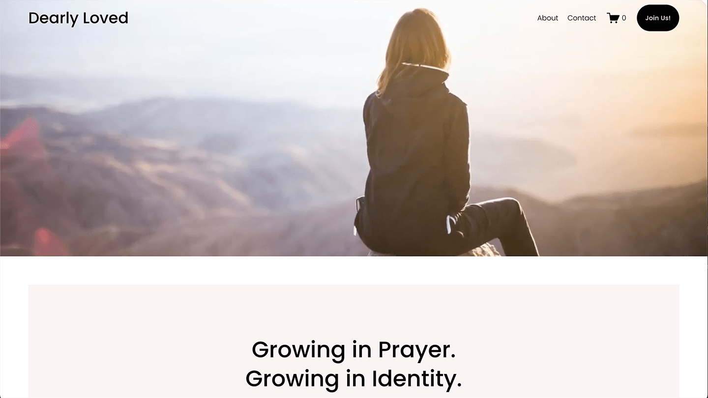 Sunset over mountains with a woman sitting on a rock, back view—contemplative gaze. Dearly Loved Women site screenshot: Growing in Prayer and Identity. Portfolio by Heather.