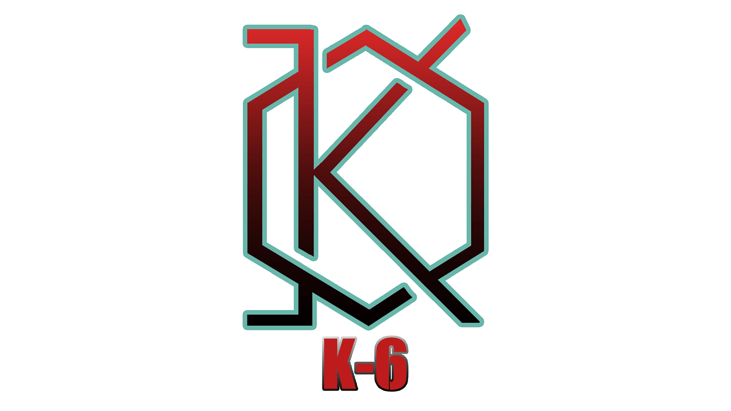 Custom logo for K-6 — bold red and black stylized 'K-6' monogram with geometric lines and teal outline. Clean, modern design by Heather at Genuine Midwest Consulting.
