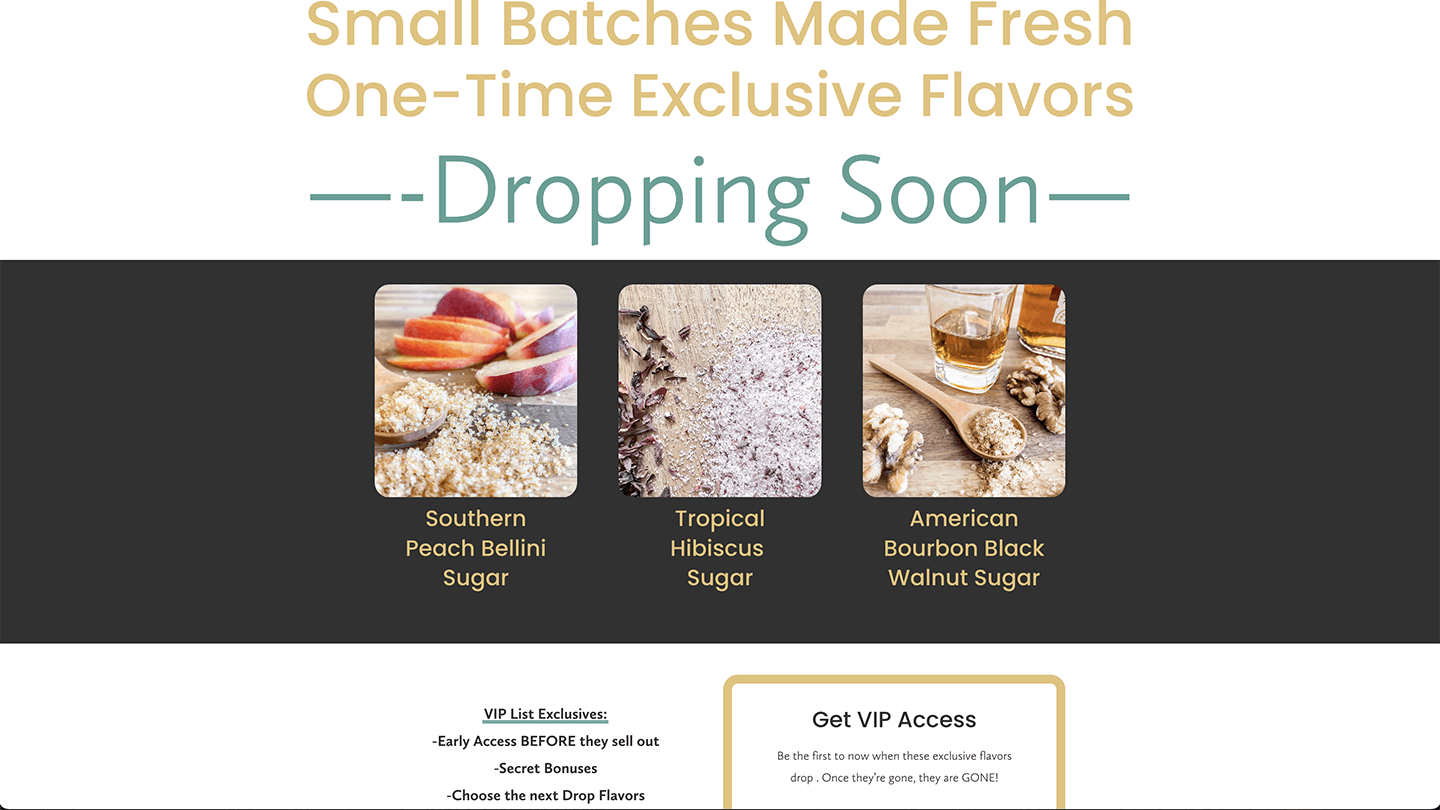 Exclusive batches: peach, hibiscus, bourbon sugars—shimmering close-ups. Divine Sugars and Salts grab by Heather.