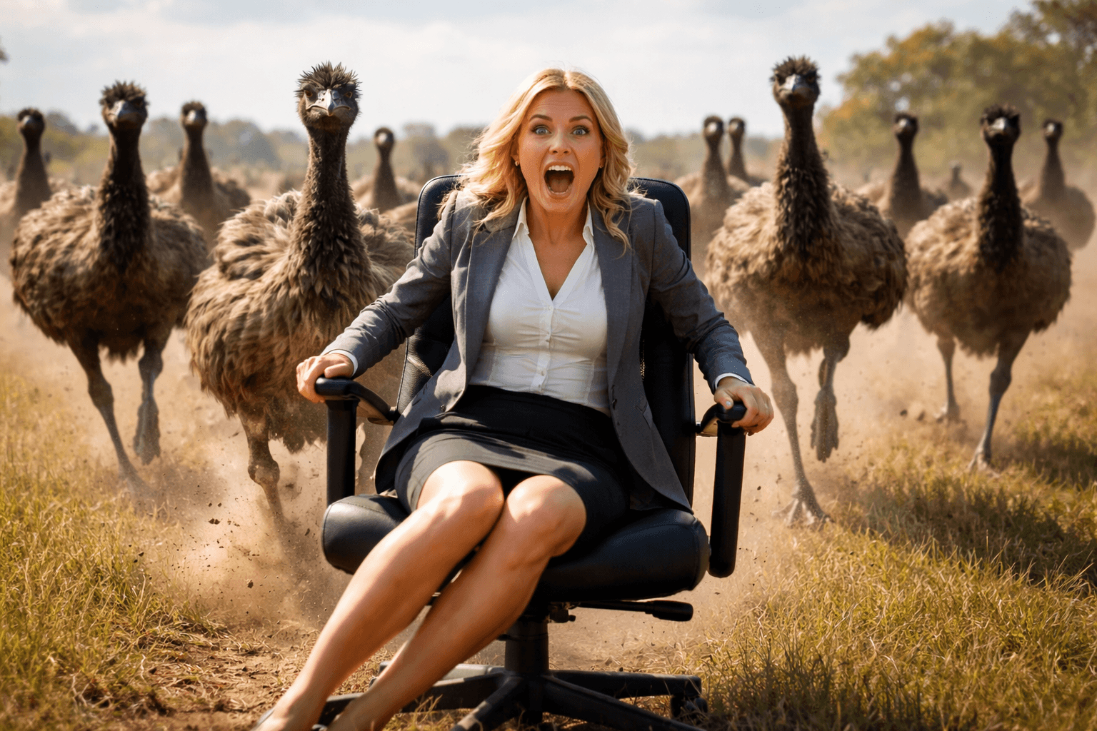 A woman in business attire sitting on a rolling office chair in a field, with angry expression, as a group of ostriches run towards her from behind.