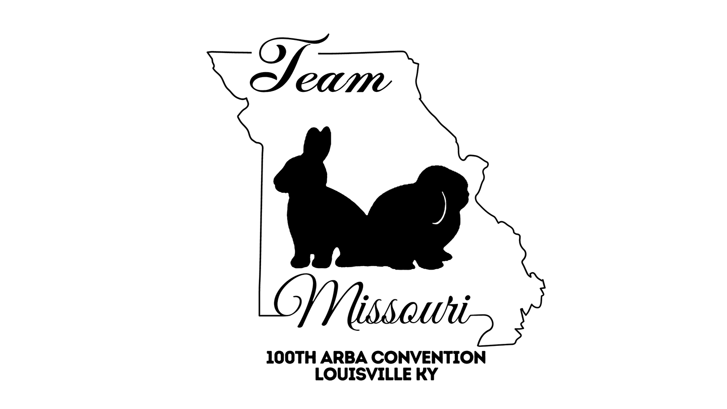 Custom logo for Team Missouri 100th ARBA Convention — black silhouette of two rabbits inside the outline of Missouri with 'Team Missouri' text above and '100th ARBA Convention Louisville KY' below. Clean, event-inspired design by Heather at Genuine M