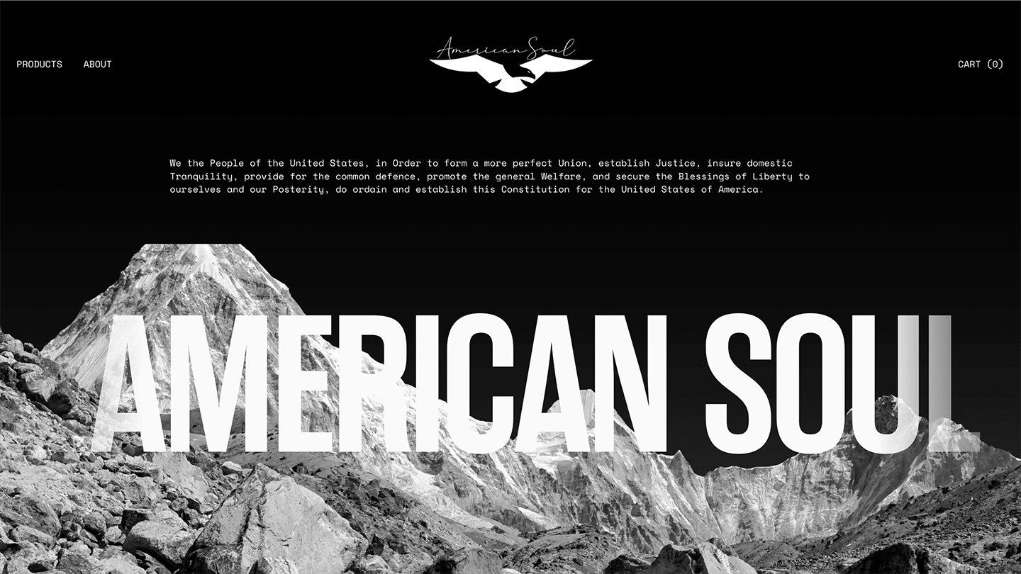 High-contrast black-and-white mountains on dark backdrop—American Soul Apparel homepage grab. Heather's portfolio.