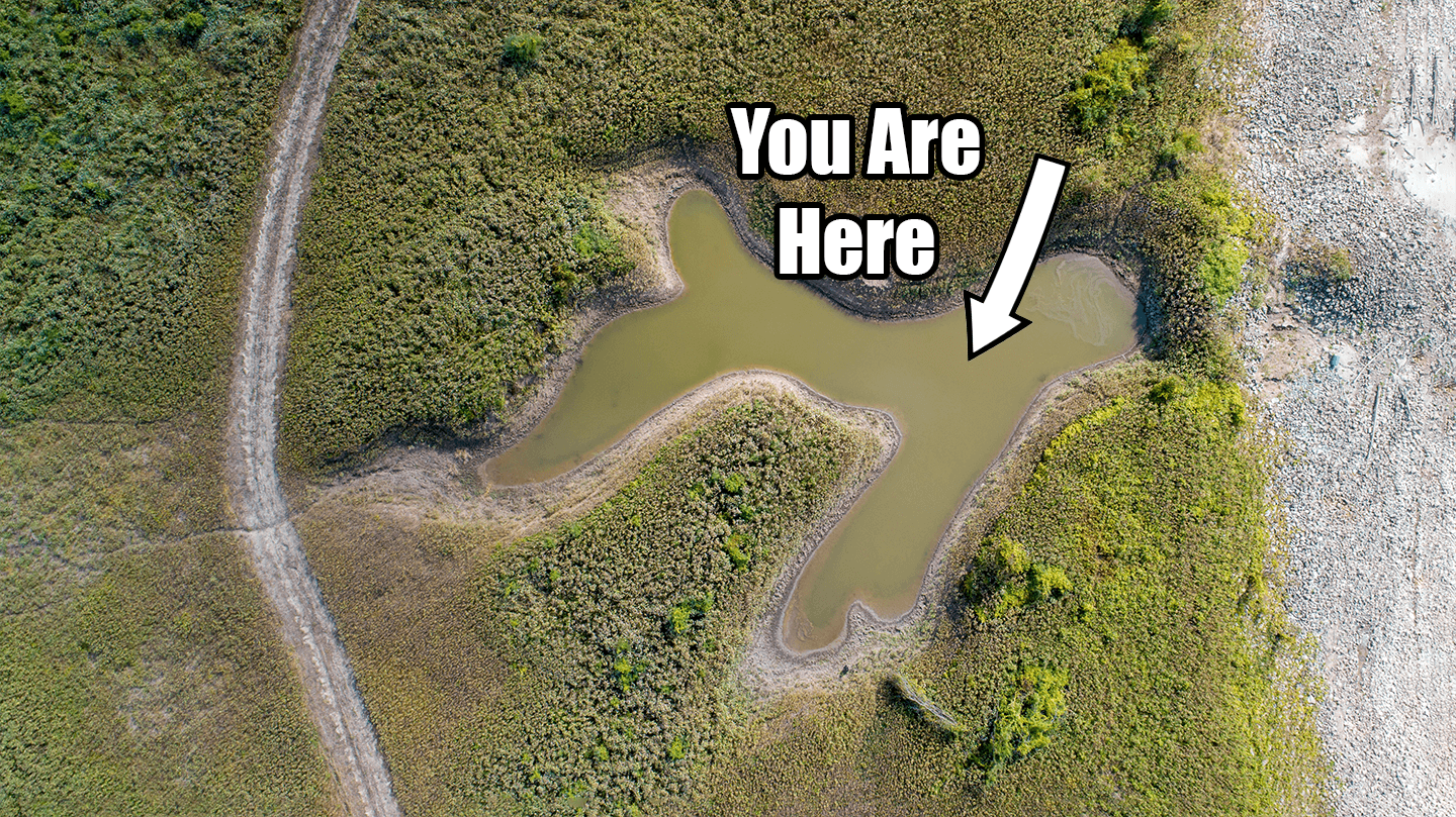 Aerial view of a small muddy pond, playing on Heather's joke about being stuck in business. Genuine Midwest Consulting.