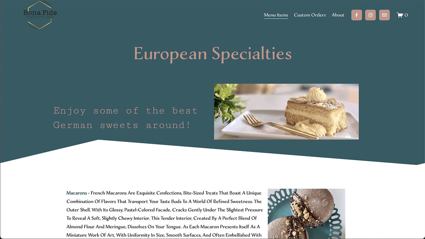 Close-up of Bienenstich bee sting cake with caramelized almonds—plus macarons and German treats. Bonafide Bakery screenshot, Heather's work.