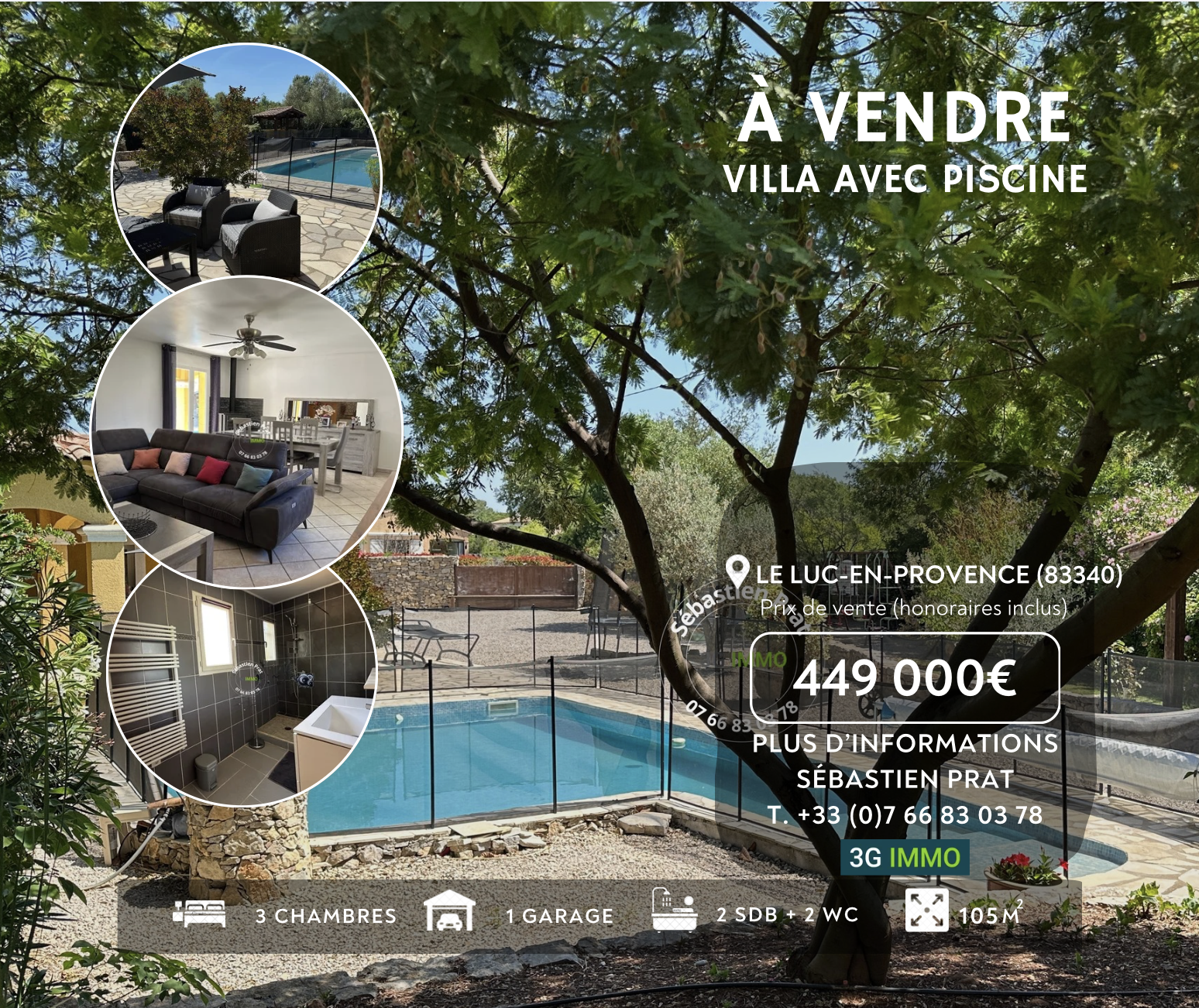 Annonce immobilière pour une villa ou studio à vendre, située à Le Thoronet, avec 4 chambres, 4 places de parking, 3 salles de bain et 1 WC, d'une superficie de 130 mètres carrés, au prix de 540 000 euros. Inclut des photos d'un intérieur, d'une piscine, et d'un extérieur.