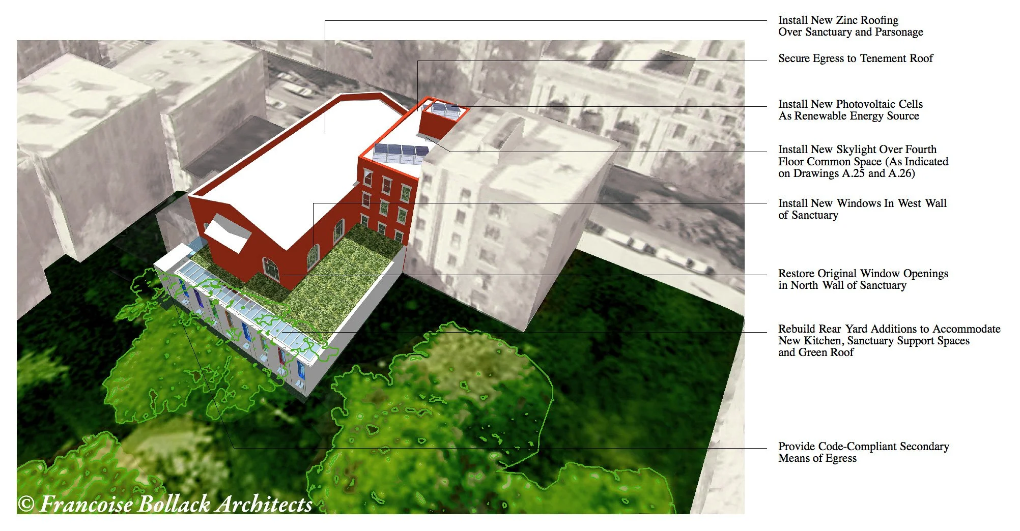  Restored existing windows, new windows and skylights open the interior of church to the park and the green roof. 