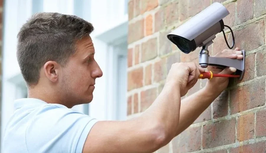 Technician installing a CCTV security camera for a business