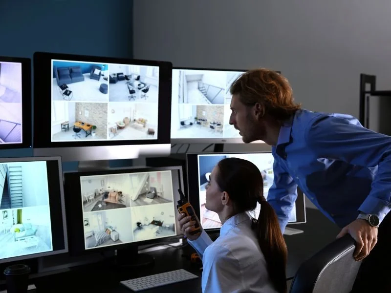 Security guards reviewing footage from a multi-camera cctv system installed by Gaynor Telesystems