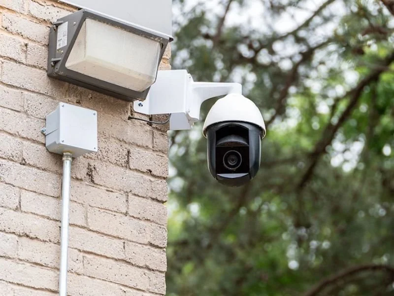 A Verkada security camera installed on the corner of a building in downtown Redding