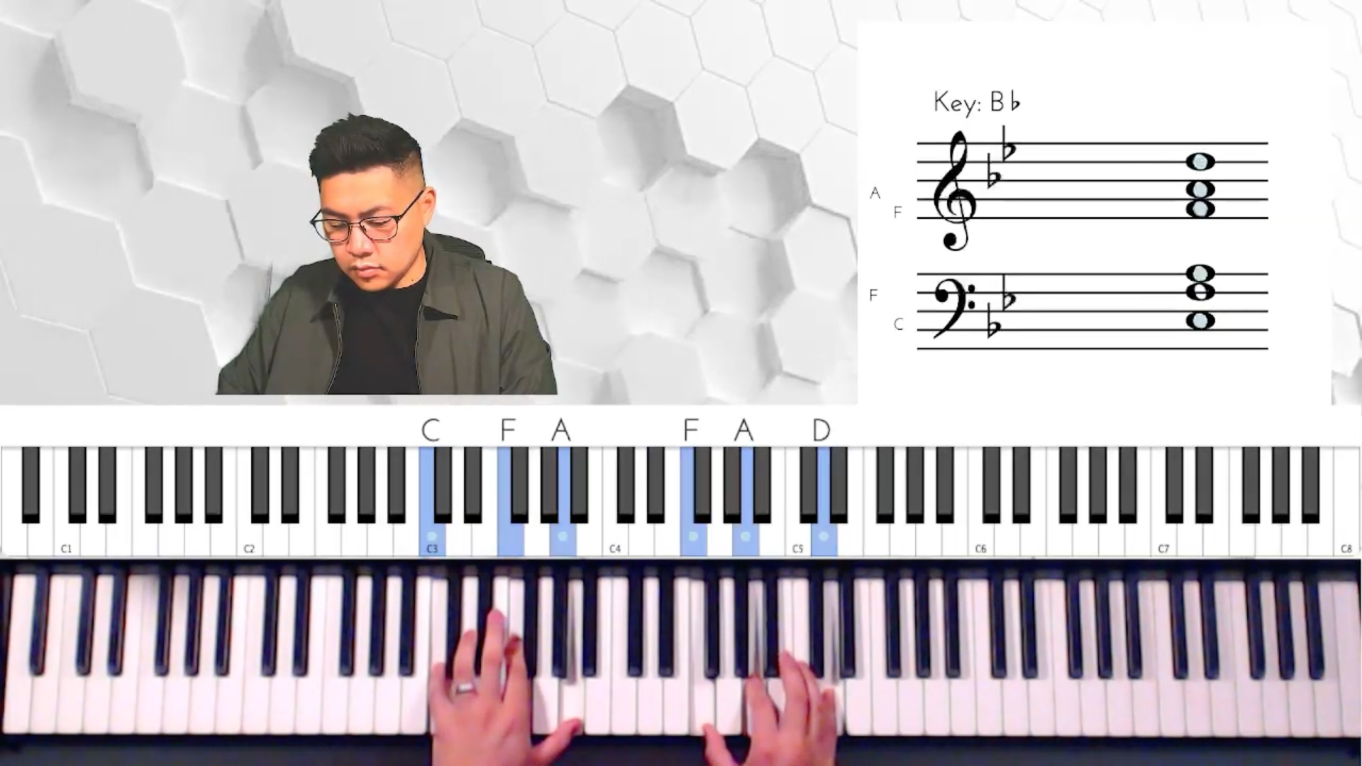 Online piano lesson setup with sheet music, midi keyboard display, and webcam