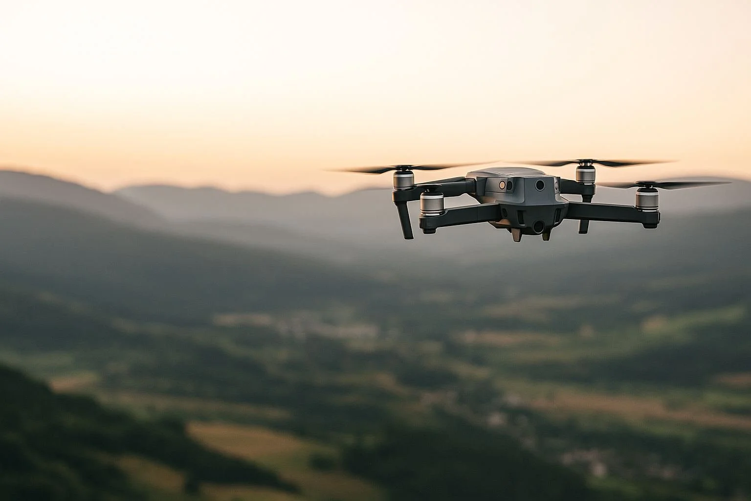 Drone flying over hills at sunrise