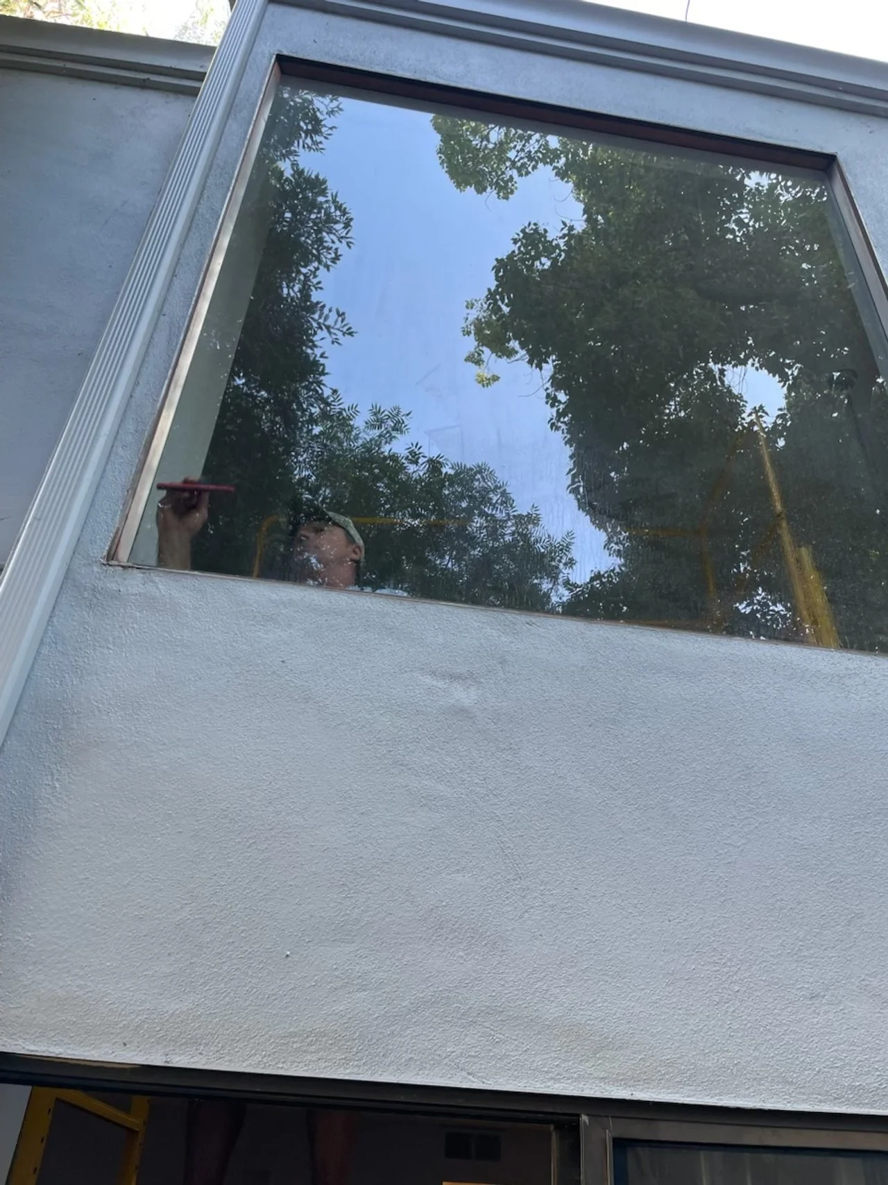 Person working on a large window outdoors, with trees and a blue sky reflected in the glass.