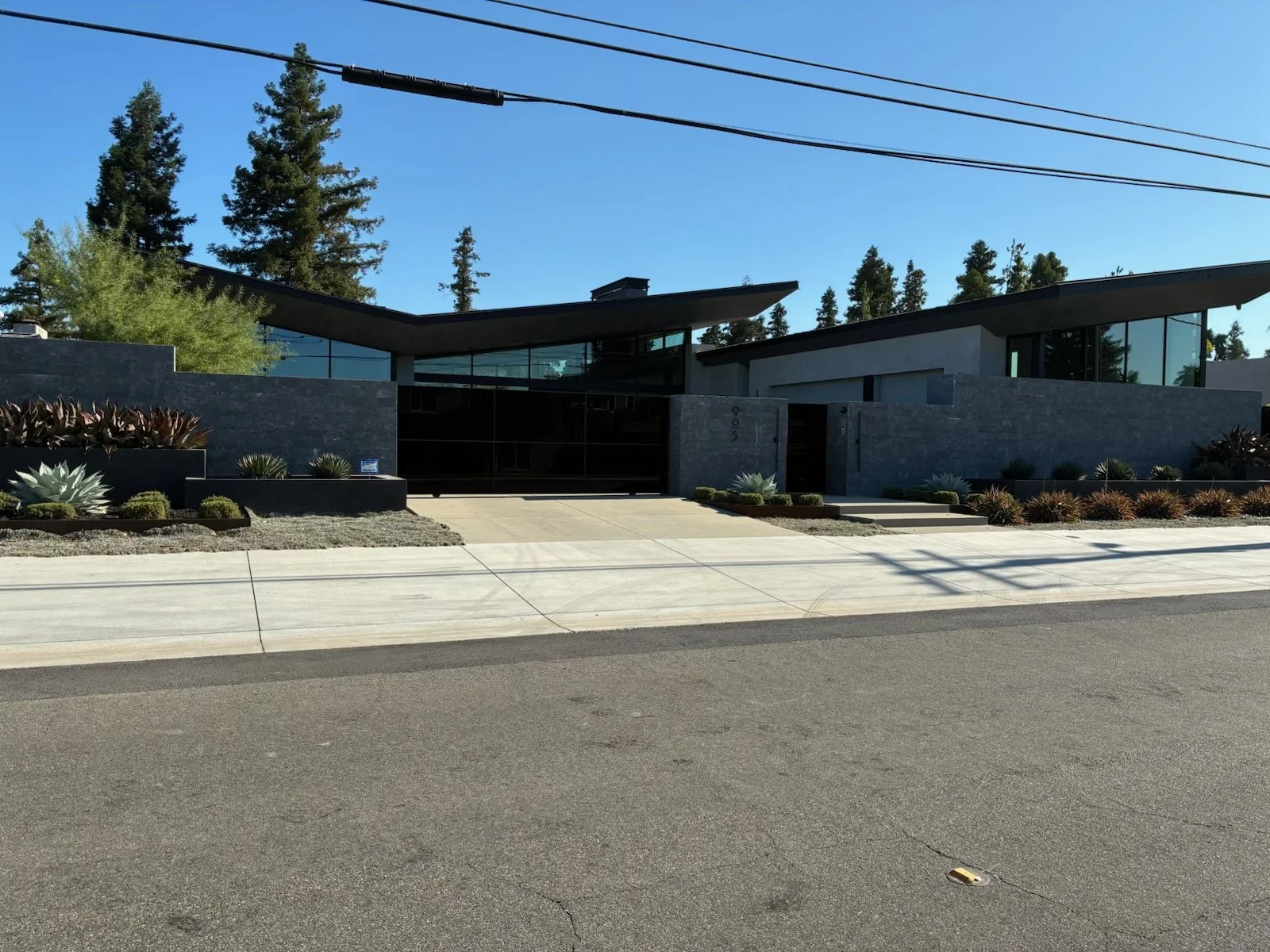 Modern house with large windows, a cement driveway, and desert plants in the front yard, set against a backdrop of tall pine trees.
