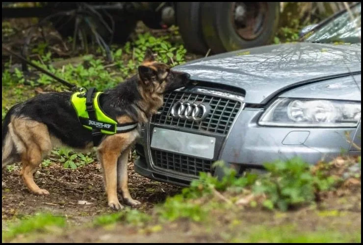 German Shepherd wearing a working harness performing scent detection training on a car at Millen K9 Services