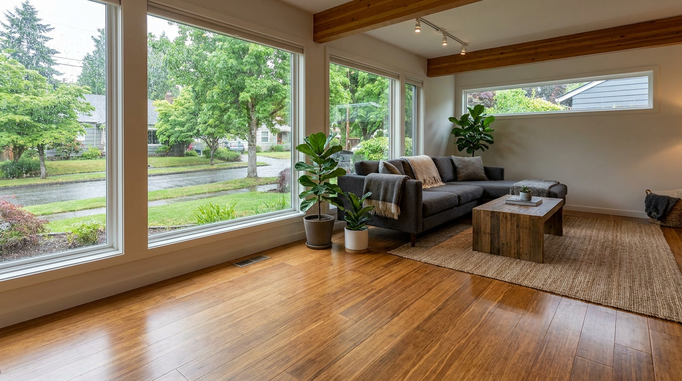 Living room with large windows showing a rainy, green suburban neighborhood, a gray sofa with pillows, a wooden coffee table, and potted plants.