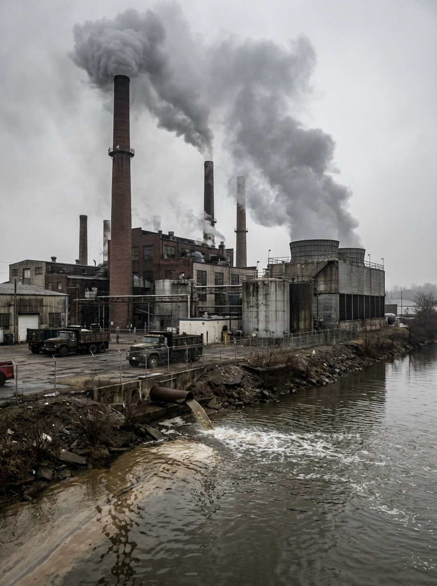 the exterior of a factory in a gloomy setting, off gassing smoke into the air, and pumping out dirty water into a larger body of water