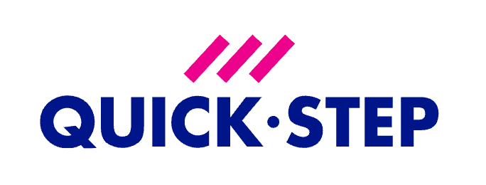 Logo of Quick-Step, a flooring company, with pink and dark blue text and symbols.