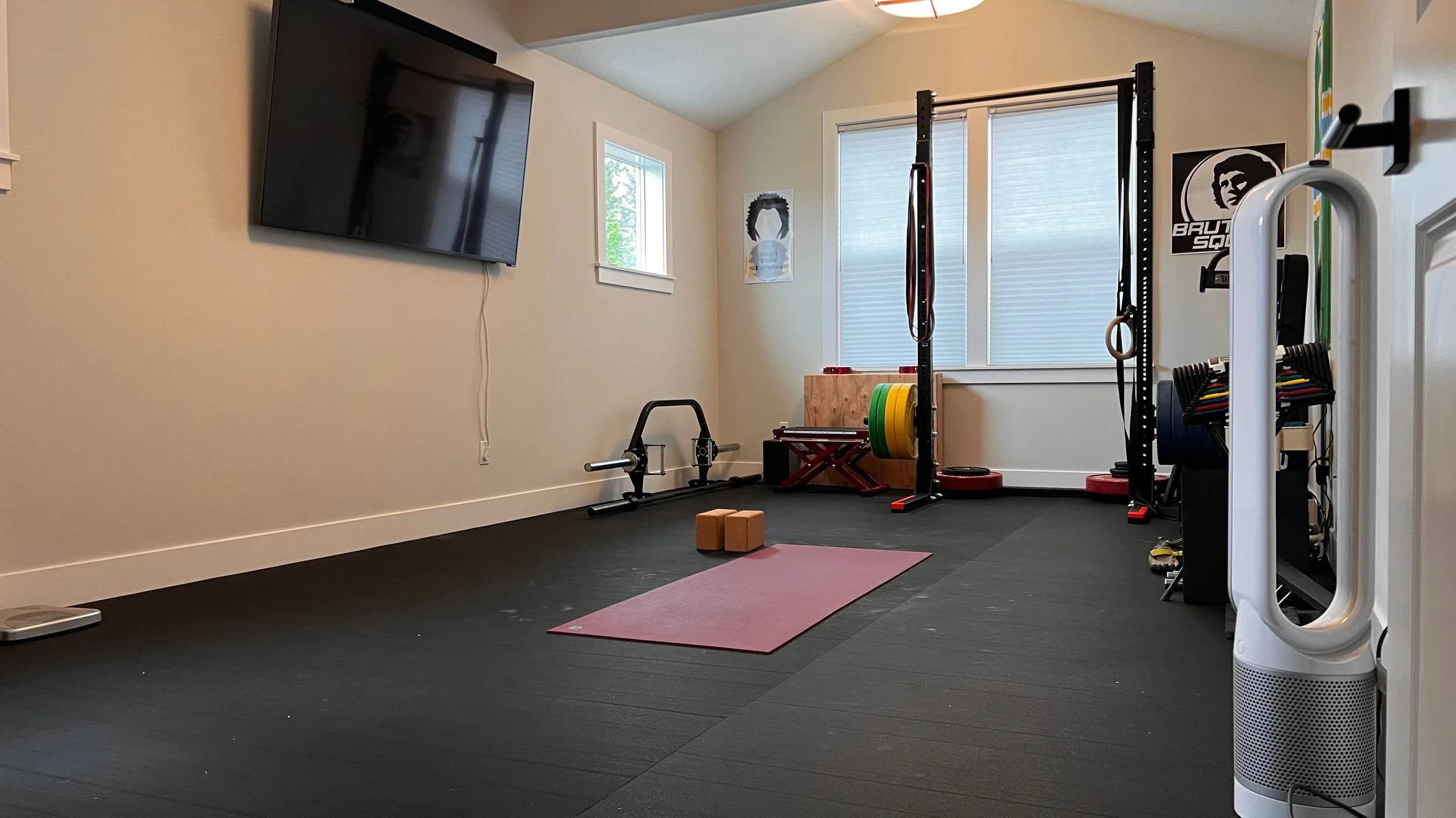 A home gym with a mounted flat-screen TV, a window, black rubber flooring installed by eco floors, and various exercise equipment including weights, a yoga mat, wooden blocks, and a pull-up bar, with a white air purifier in the foreground.