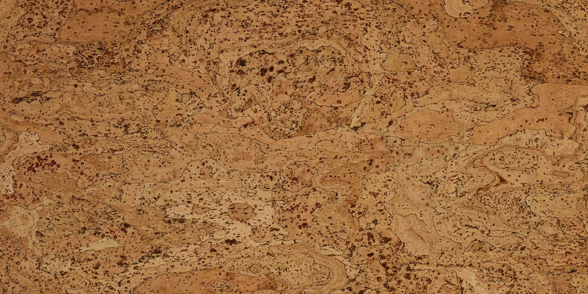 The pattern of Duro Design "Barriga" cork flooring. A brown and red toned cork with swirly grain.