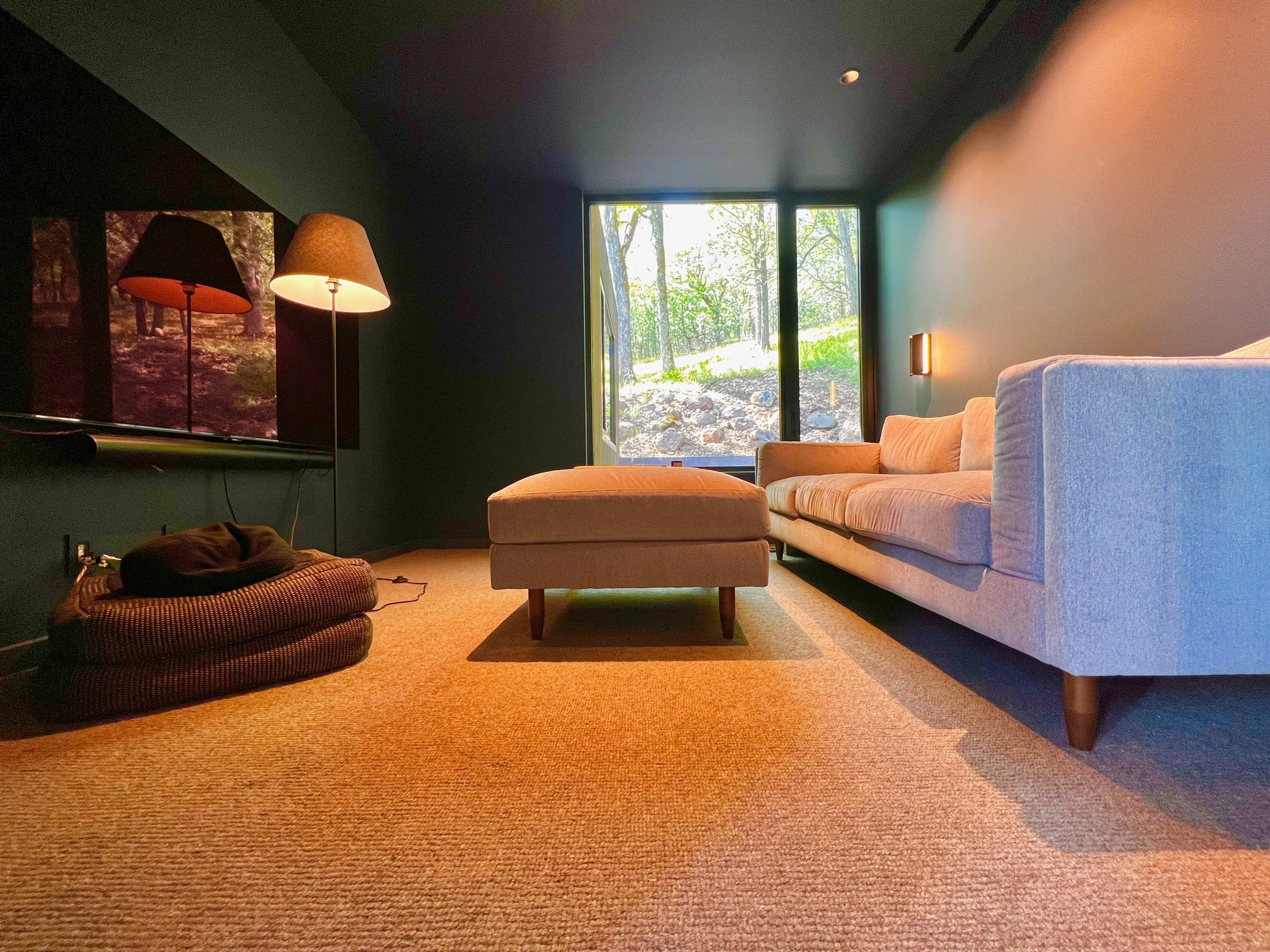A living room with a large window showing a view of a forest, a beige sofa, a matching ottoman, and a wall-mounted lamp. There are two lamps with shades on a side table, a flat-screen TV, and a basket with a blanket on the carpeted floor.