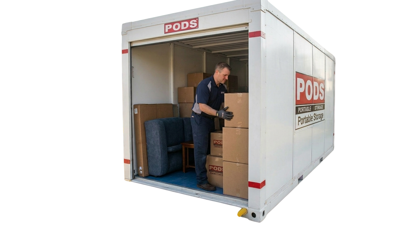 A man in a navy blue shirt and gloves loading or unloading boxes inside a white portable storage container labeled 'PODS' in red and black.