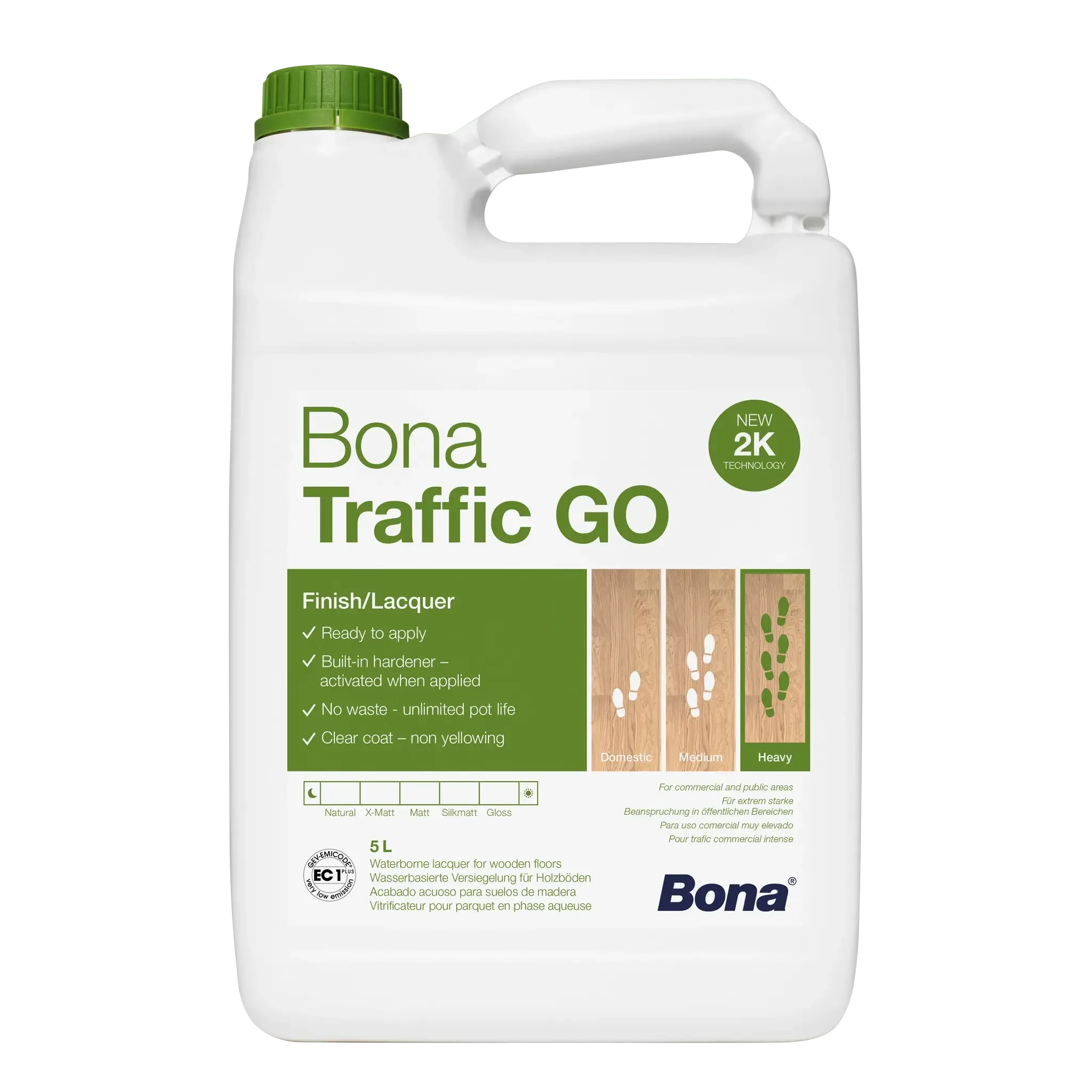A 5-liter container of Bona Traffic GO water-based lacquer for wooden floors with a green cap and a label indicating it is suitable for commercial areas and includes features such as being ready to apply, with built-in hardener, no waste, and a clear coat that is non-yellowing.