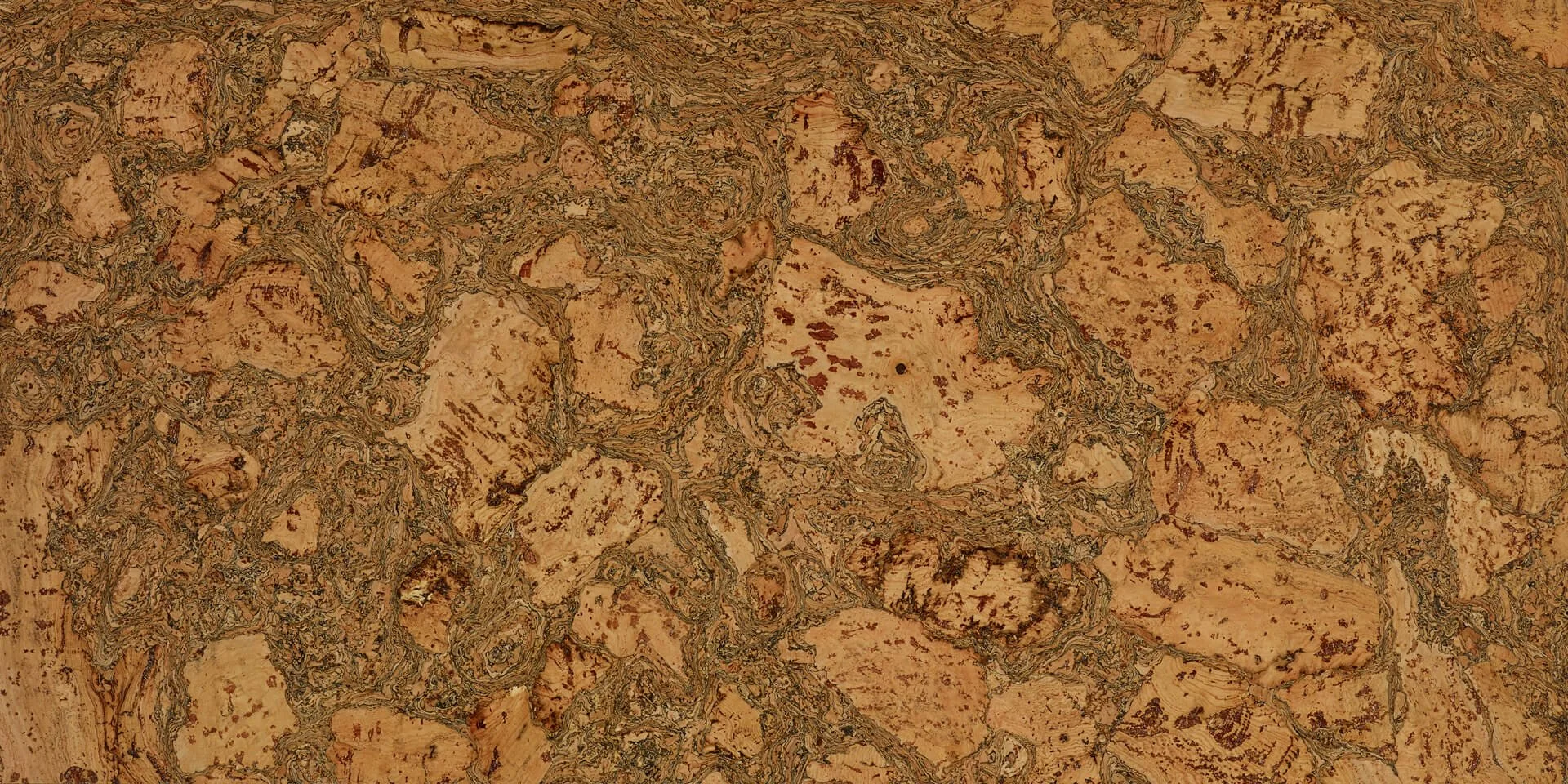 The pattern of Duro Design "Cleopatra Negra" cork flooring. A brown, green and red toned cork, less granular with larger random patches.