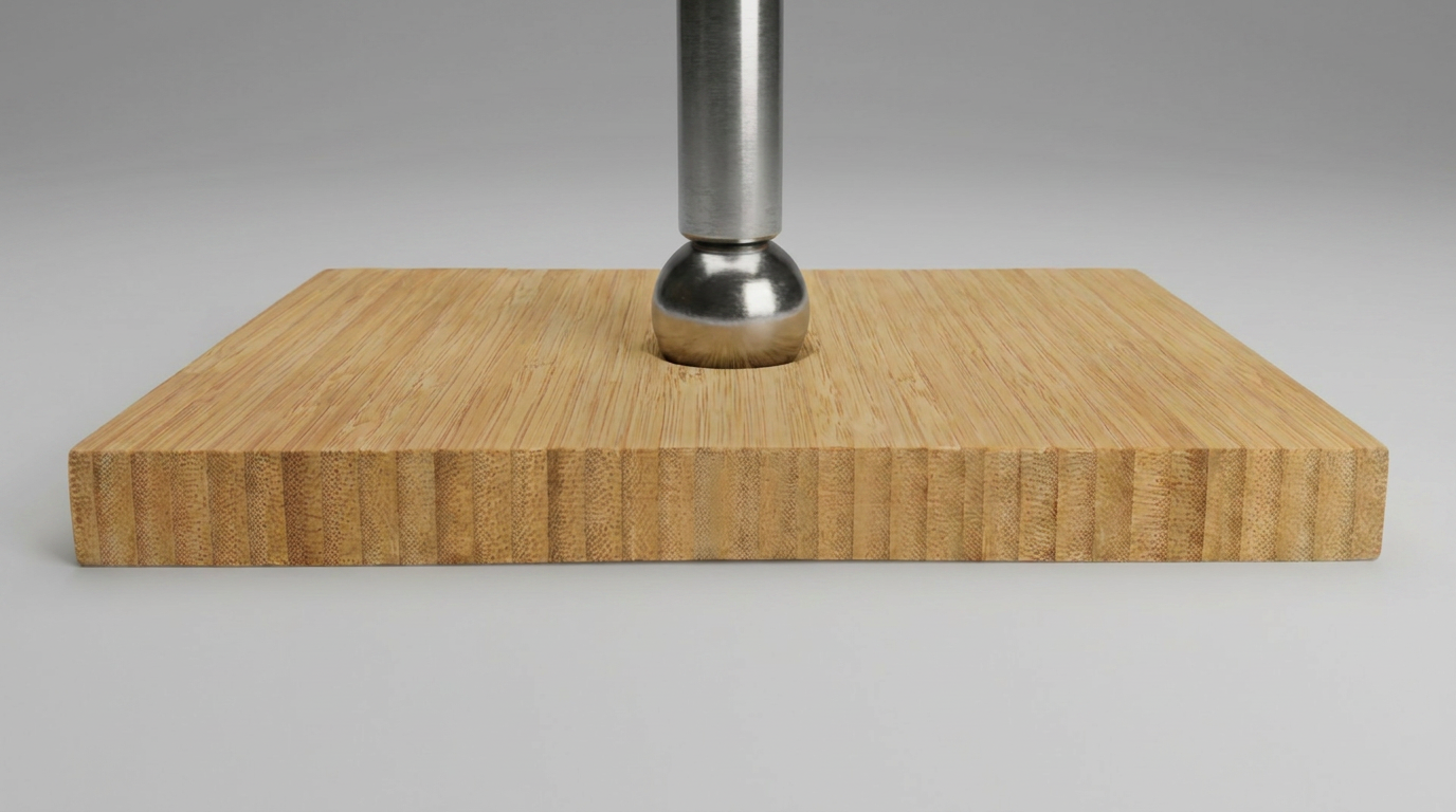 Close-up of the bottom of a stainless steel pole or table leg on a light wooden base.