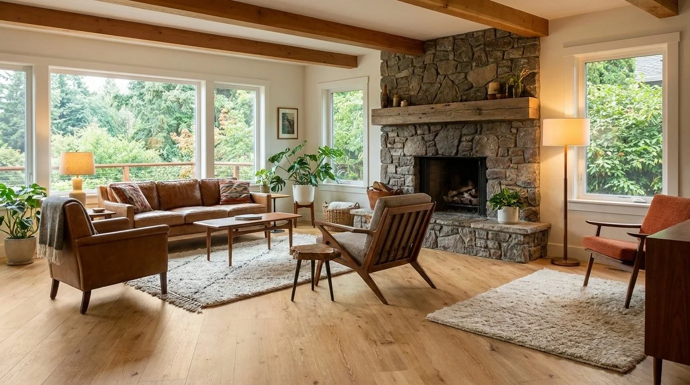 A cozy living room with large windows, a stone fireplace, and mid-century modern furniture, including a leather sofa, wooden chairs, and potted plants.
