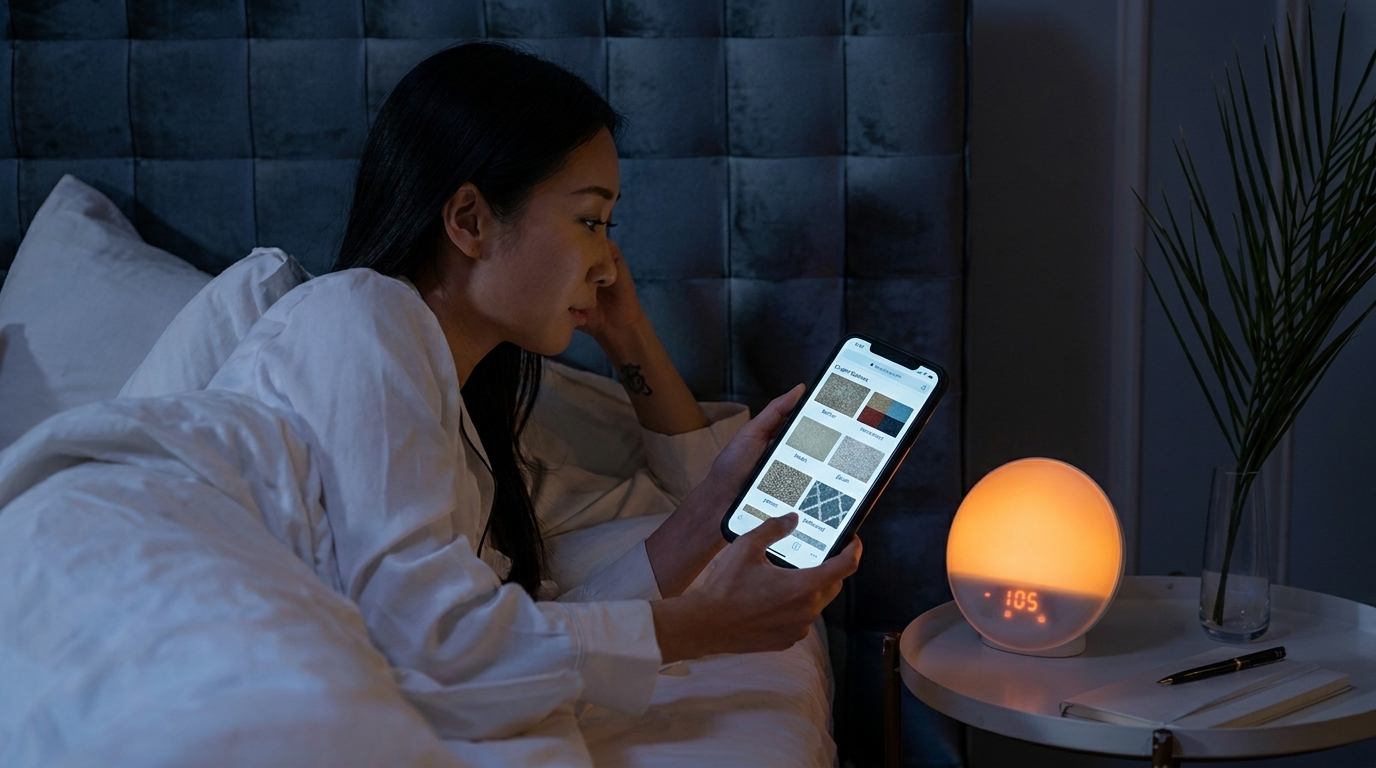 A woman in white pajamas, in a white bed, researching carpet options on her table late at night.