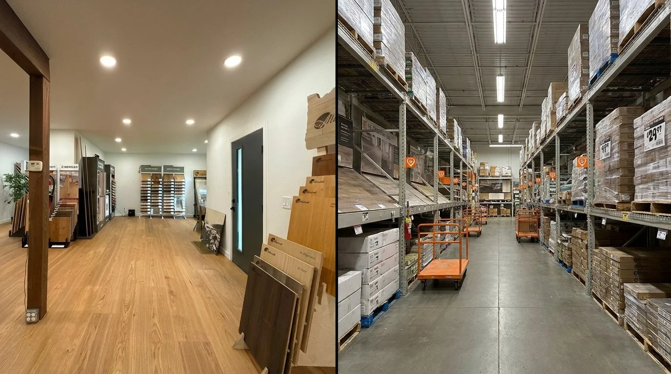 Interior of a flooring store with wood samples on the left and a warehouse aisle with boxes of flooring materials on the right.