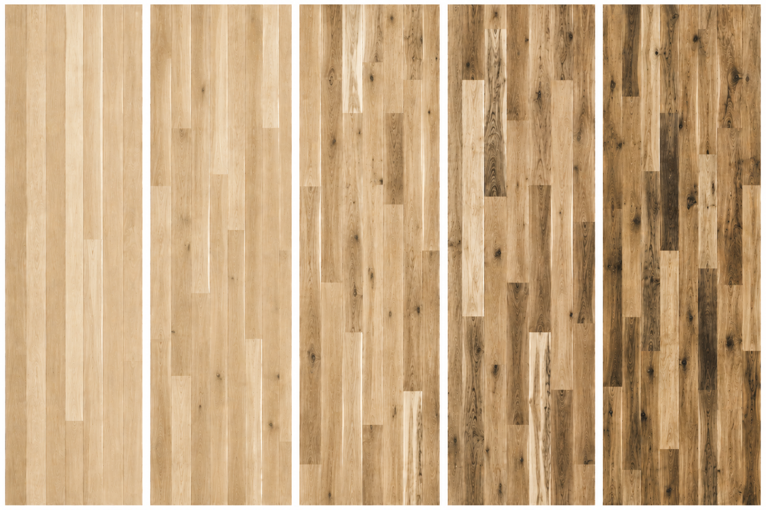 A comparison of four different wooden flooring samples showing variations in wood grain and color from light to dark.