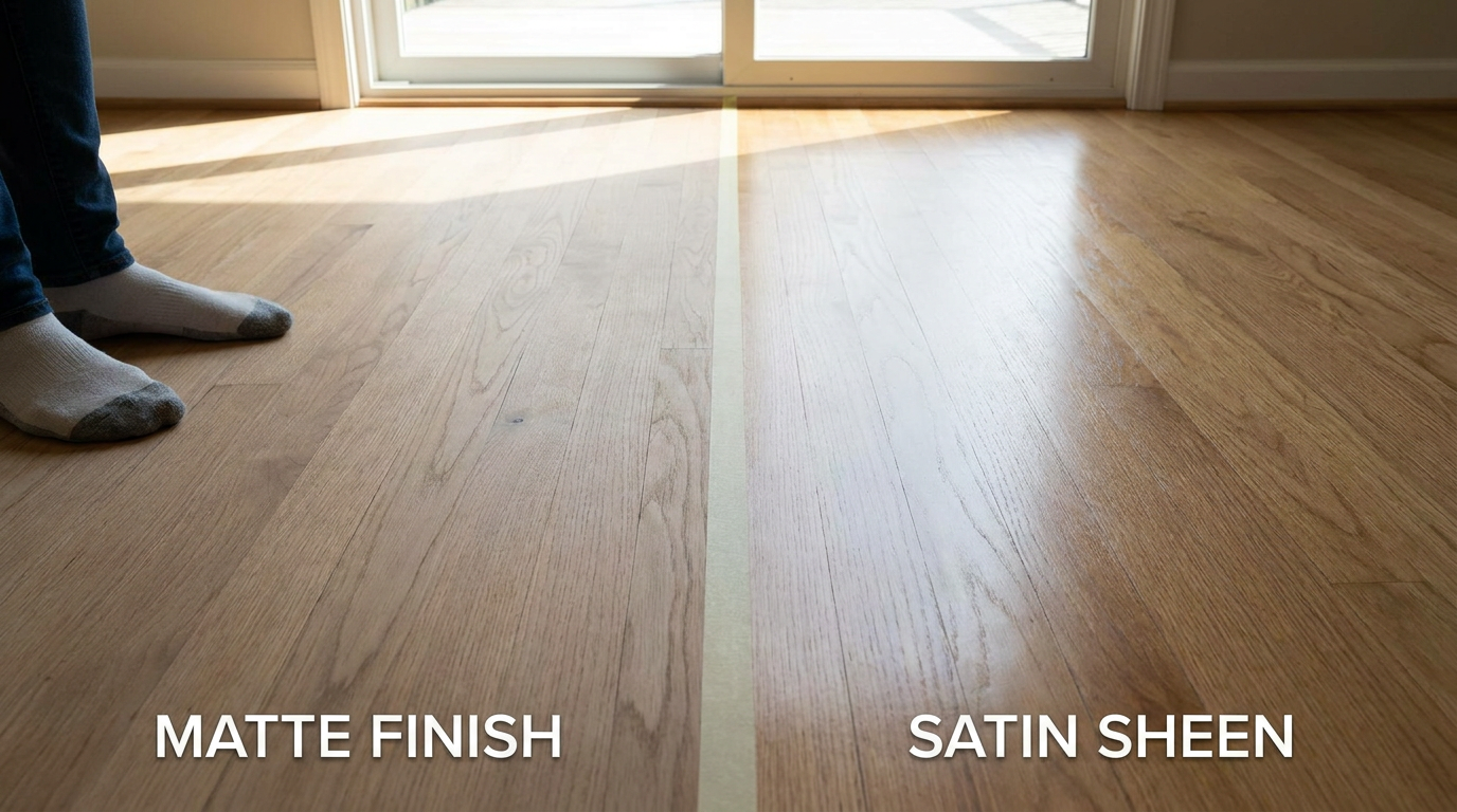 Comparison of two hardwood floor finishes showing a matte finish on the left and a satin sheen on the right.