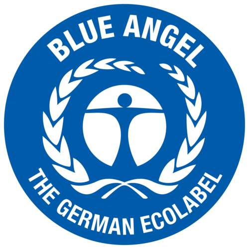 Blue Angel logo with a circular blue background, white laurel wreath, and a central icon of a stylized human figure with outstretched arms, surrounded by the text 'Blue Angel' at the top and 'The German Ecolabel' at the bottom.