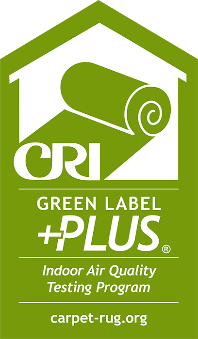 lime green label reading CRI green label plus and indoor air quality.